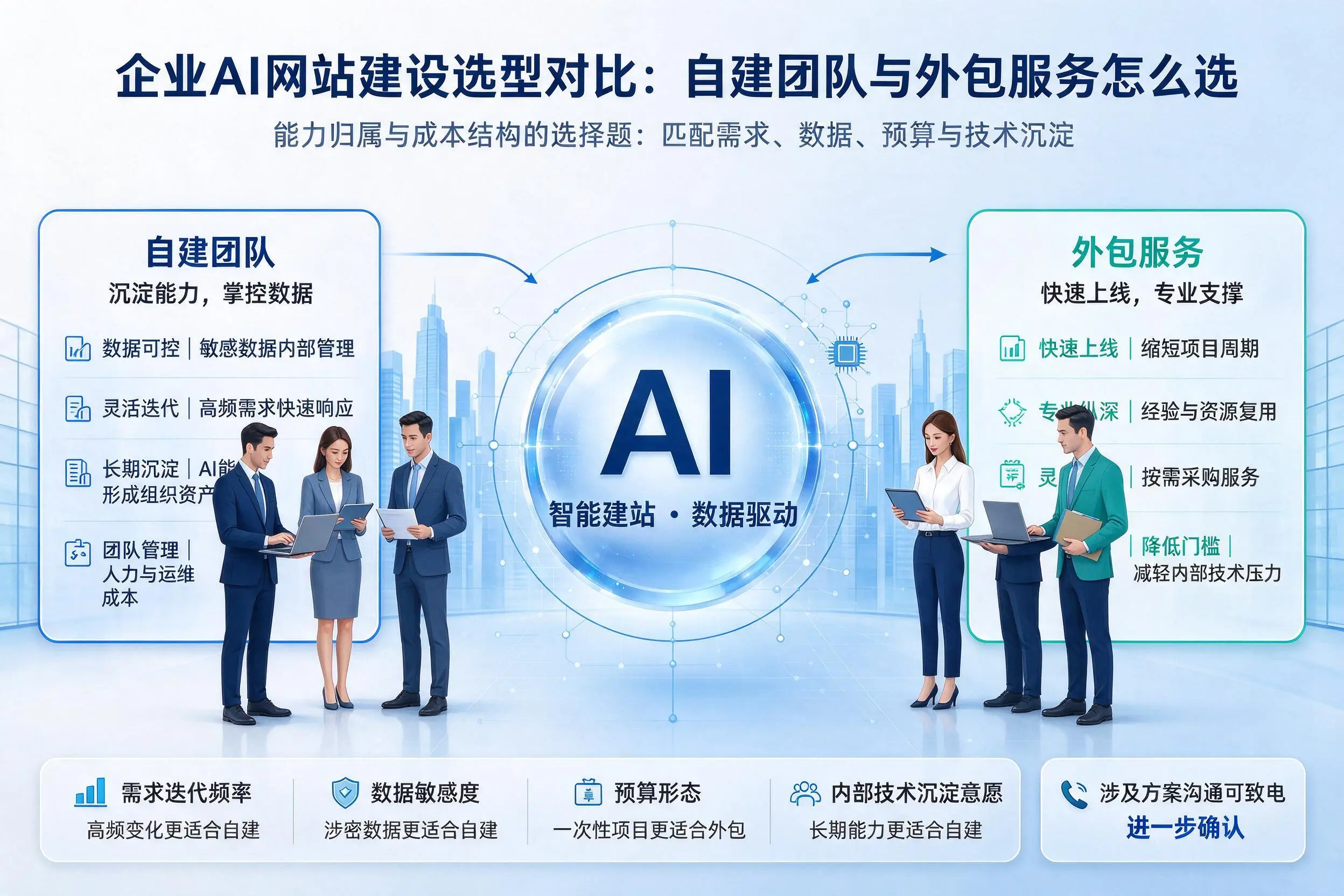 定安企业AI网站建设选型对比:自建团队与外包服务怎么选